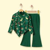 Girls Green Christmas Theme Printed Top With Pants Sets 2 pc. Sets Green 3-4 Y