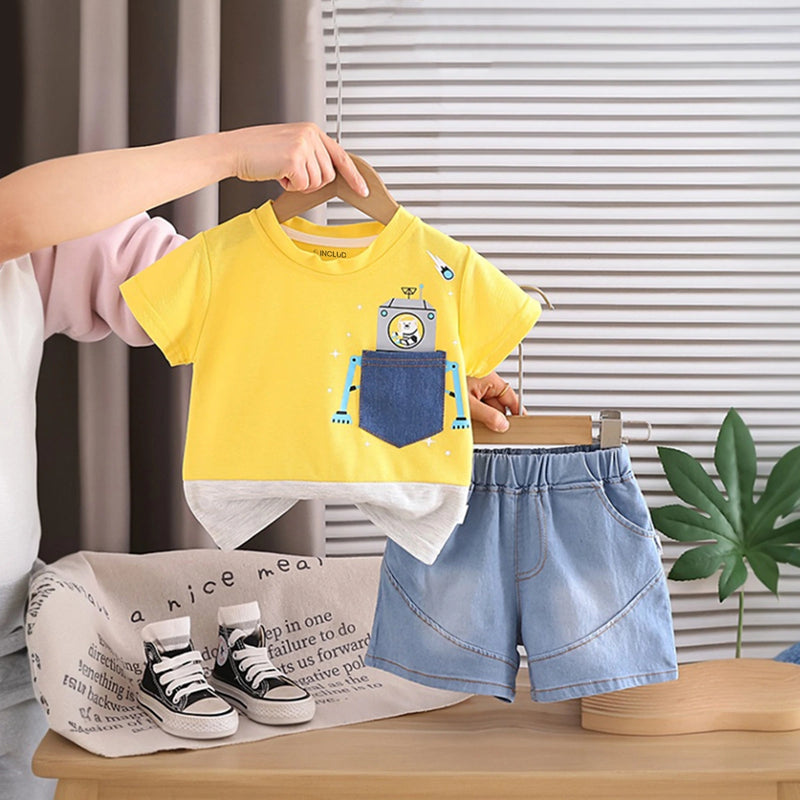Boys Yellow Graphics T-Shirt With Denim Shorts Set Sets Yellow 1-2 Y