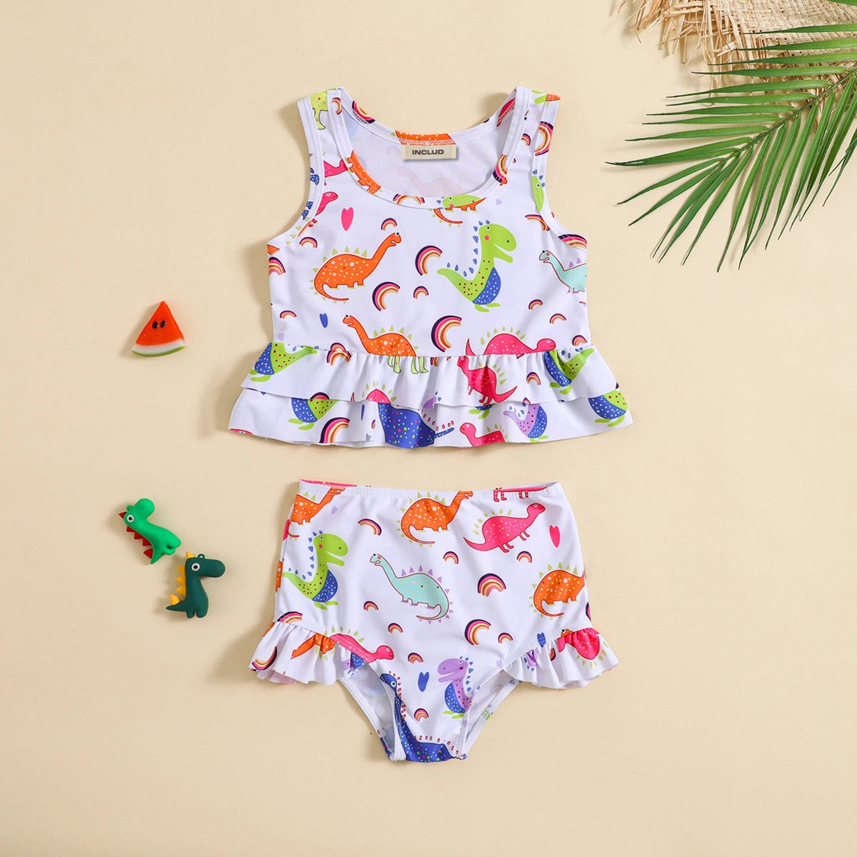 Girls White Dinosaur Printed Peplum Top With Briefs Swimwear Sets Sets White 1-2 Y