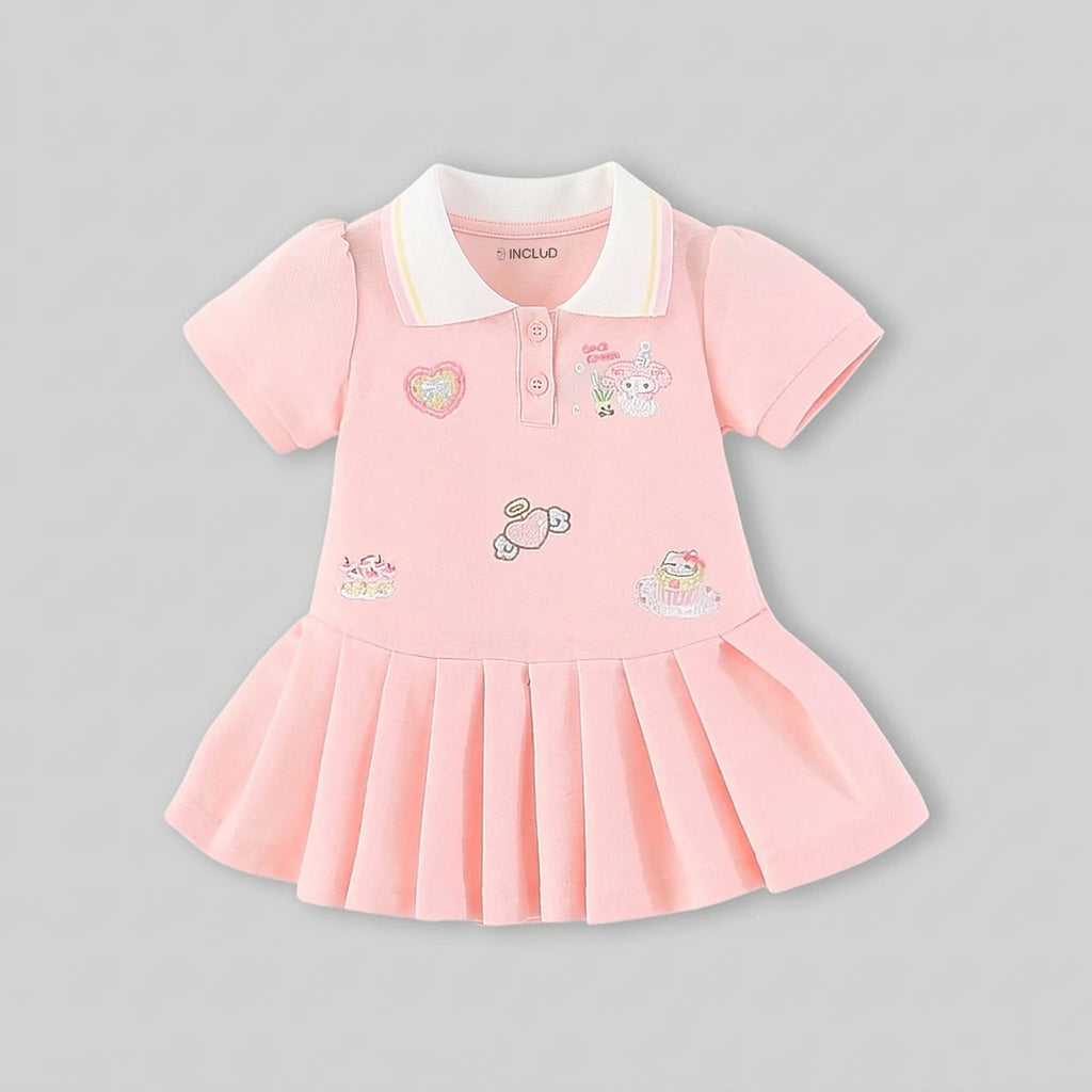 Girls Pink Embroidered Pleated Fit & Flare Polo Dress Casual Dresses