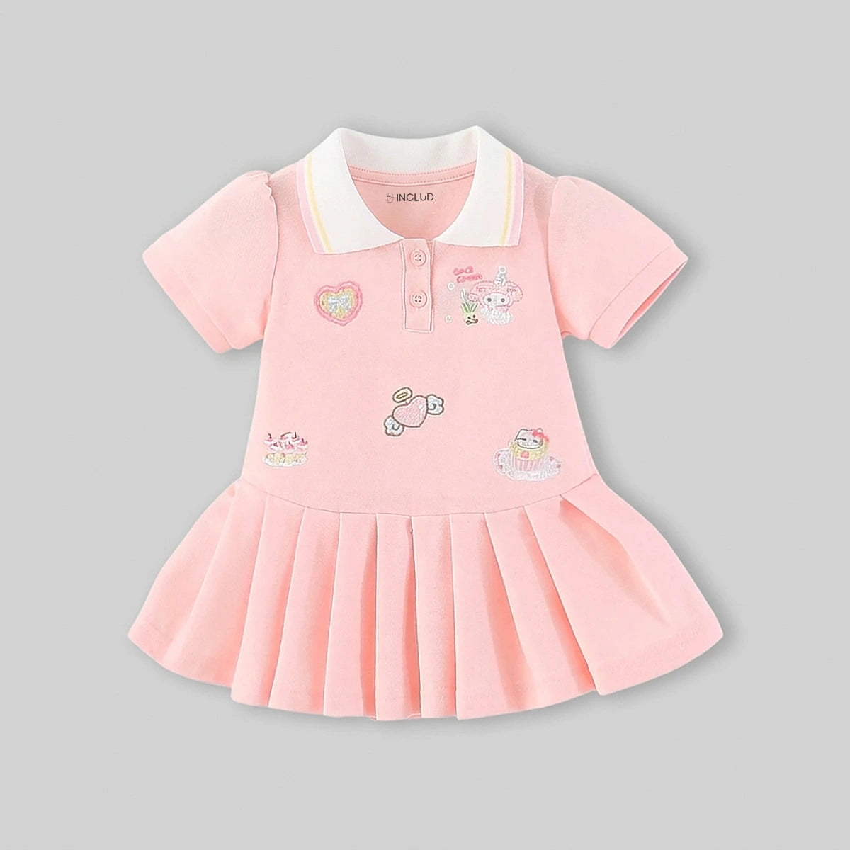 Girls Pink Embroidered Pleated Fit & Flare Polo Dress Casual Dresses