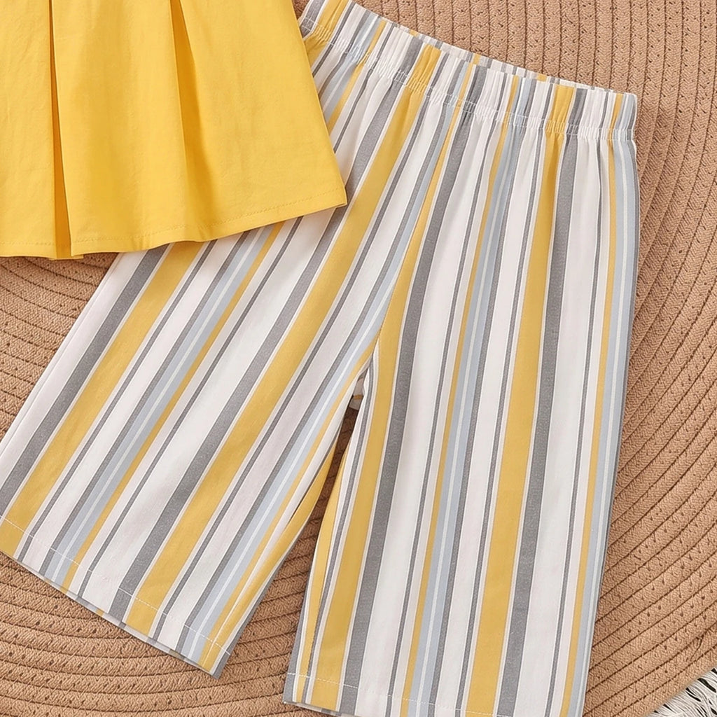Girls Yellow Sleeveless Top With Striped Capri Sets 2 pc. Sets