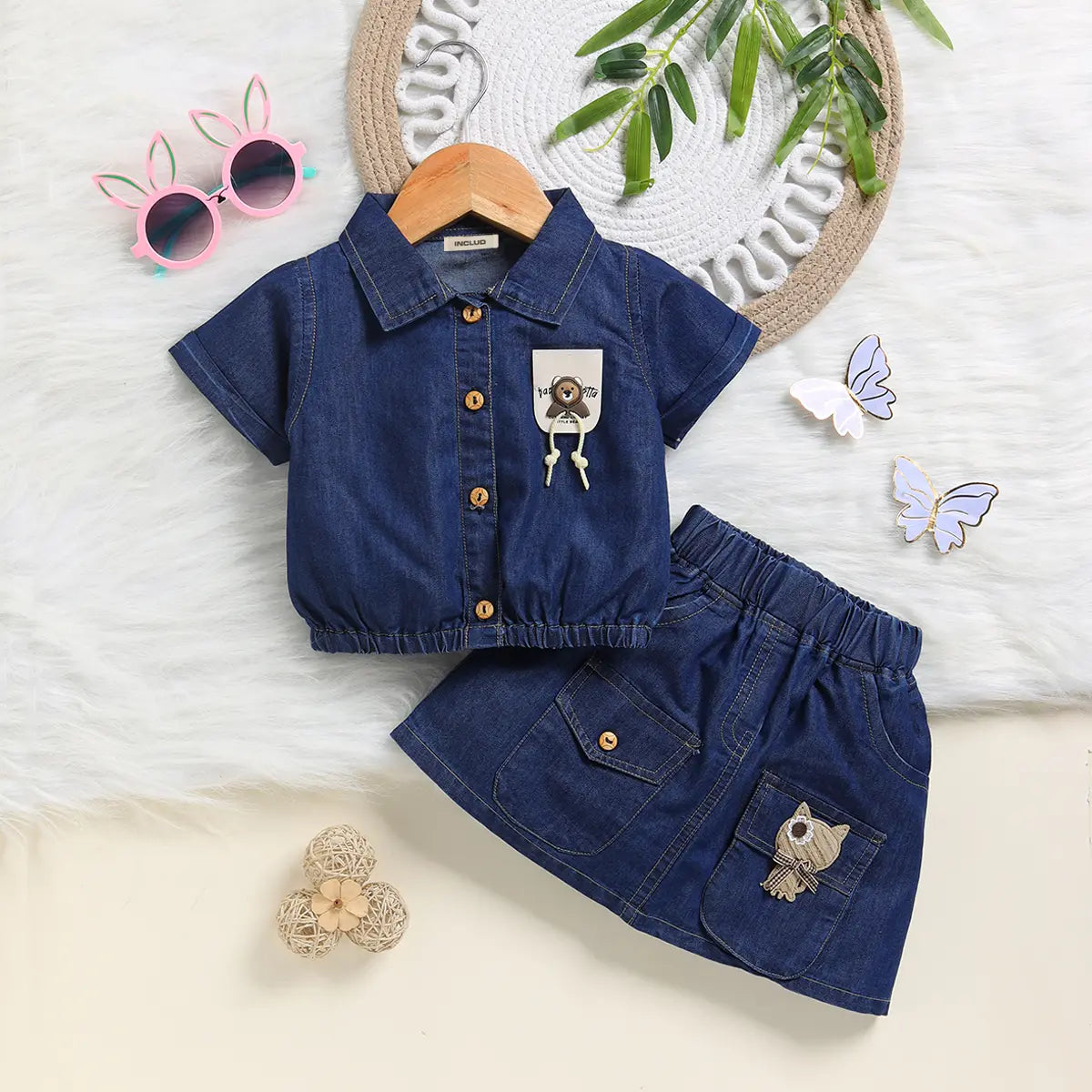 Girls Dark Blue Animal Applique Denim Short With Skirt Sets 2 pc. Sets Dark Blue 9-12 M