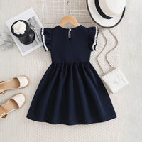 Girls Navy Blue Bow Applique Flutter Sleeve Fit & Flare Dress Casual Dresses