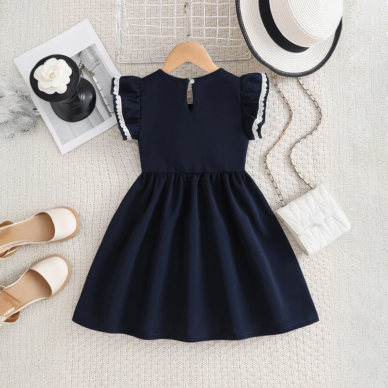 Girls Navy Blue Bow Applique Flutter Sleeve Fit & Flare Dress Casual Dresses