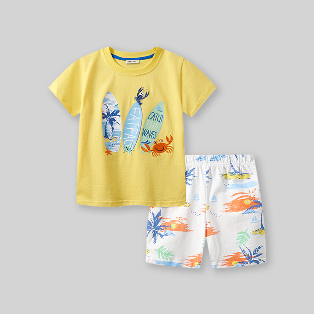 Boys Surf Board Print T-Shirt With Printed Shorts