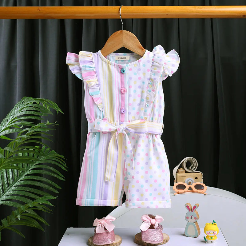 Girls Multicolor Polka Dot Print Romper With Flutter Sleeves Jumpsuits Multicolor 3-6 M