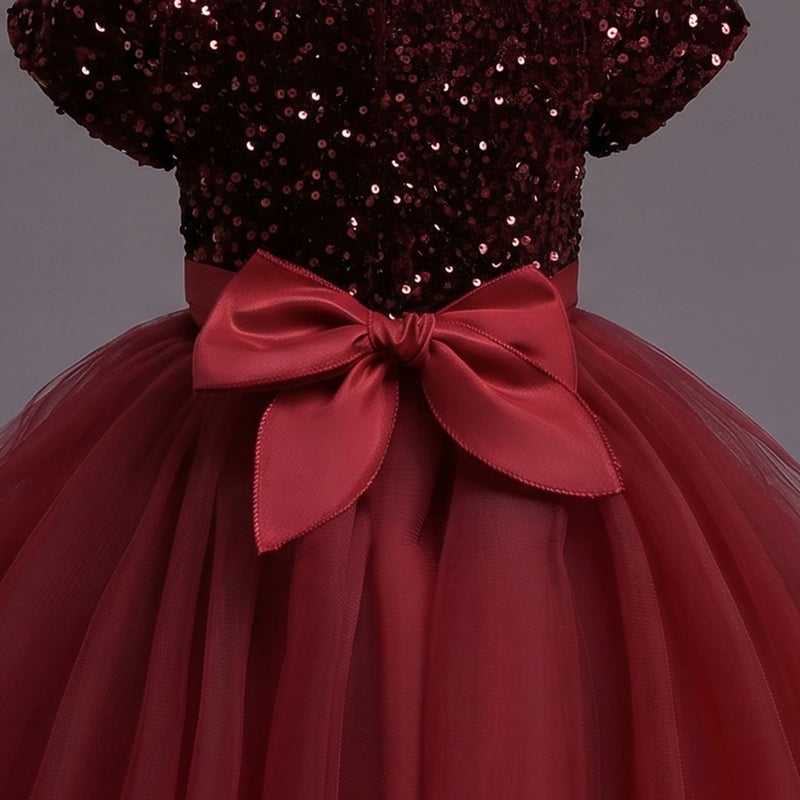 Girls Maroon Puff Sleeve Sequins Embellished Fit & Flare Party Wear Dress Party Dresses