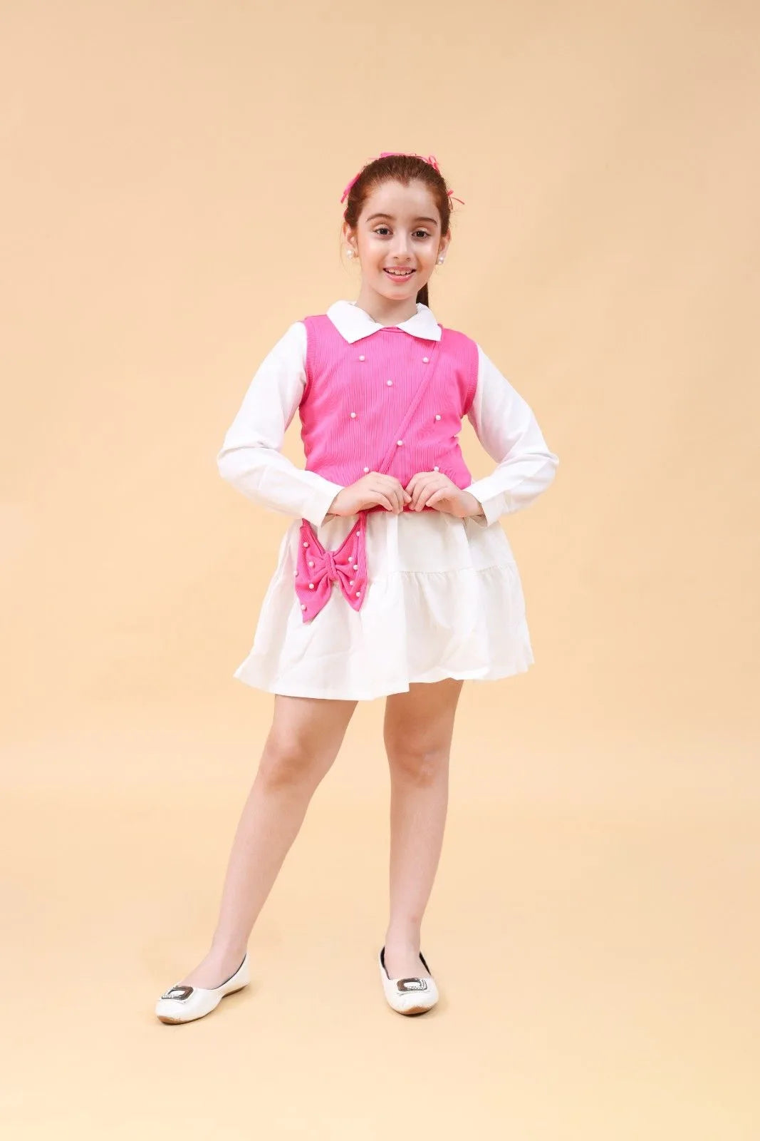 Girls Long Sleeves Drop Waist Dress With Sweater Vest Casual Dresses Red 4-5 Y