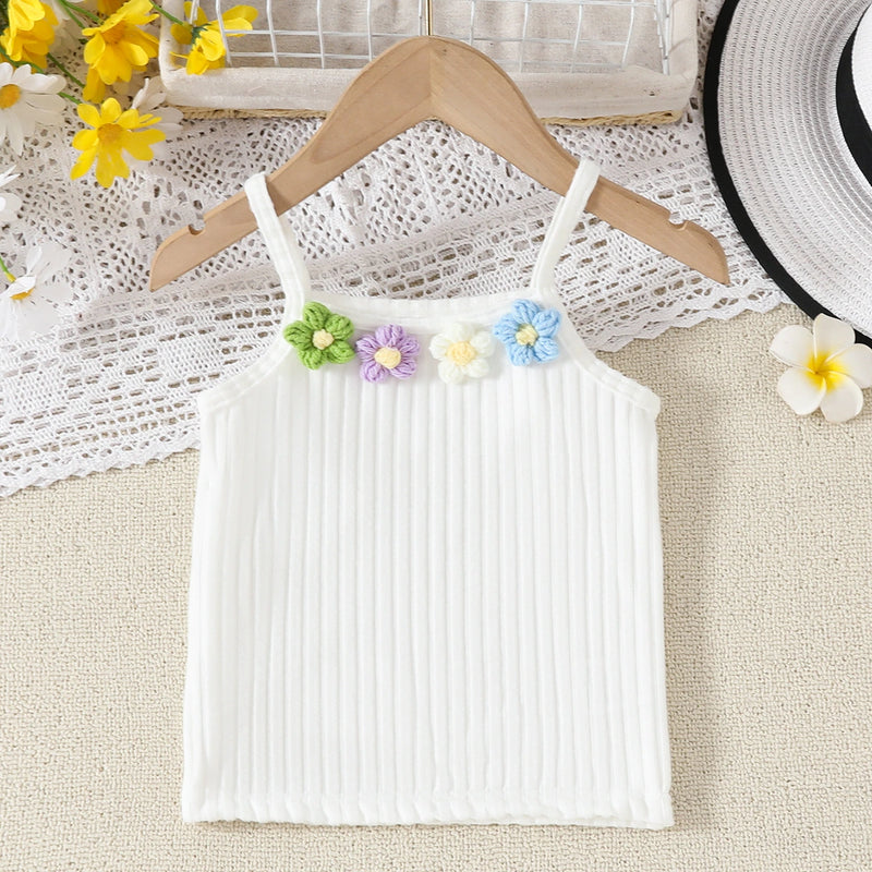 Girls White Floral Applique Top With Denim Shorts Sets Sets
