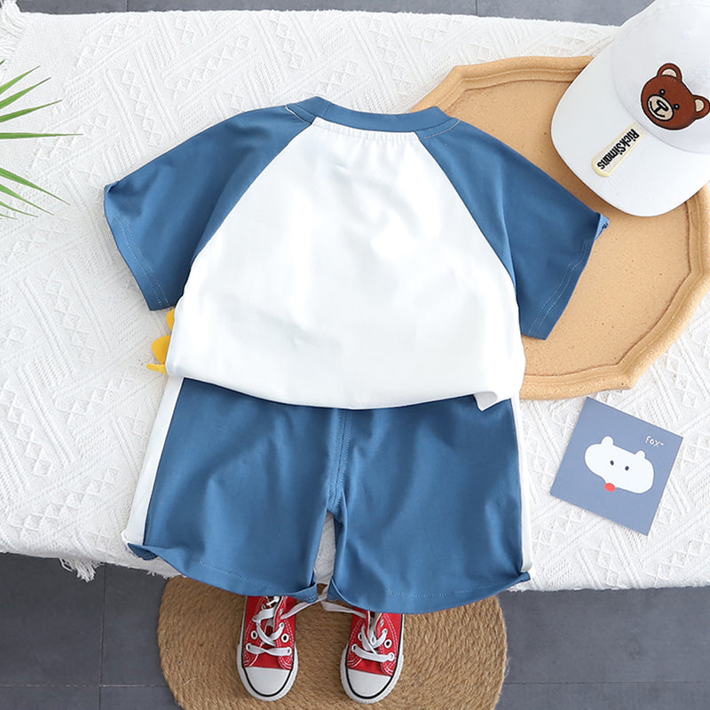 Boys Blue Happy Dinosaur Print Raglan Sleeve T-Shirt With Shorts Set 2 pc. Sets