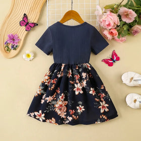 Girls Navy Blue Floral Print Short Sleeves Fit & Flare Dress With Bow Casual Dresses