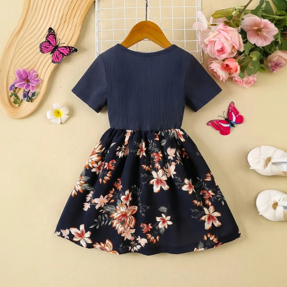 Girls Navy Blue Floral Print Short Sleeves Fit & Flare Dress With Bow Casual Dresses