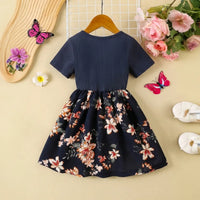 Girls Navy Blue Floral Print Short Sleeves Fit & Flare Dress With Bow Casual Dresses