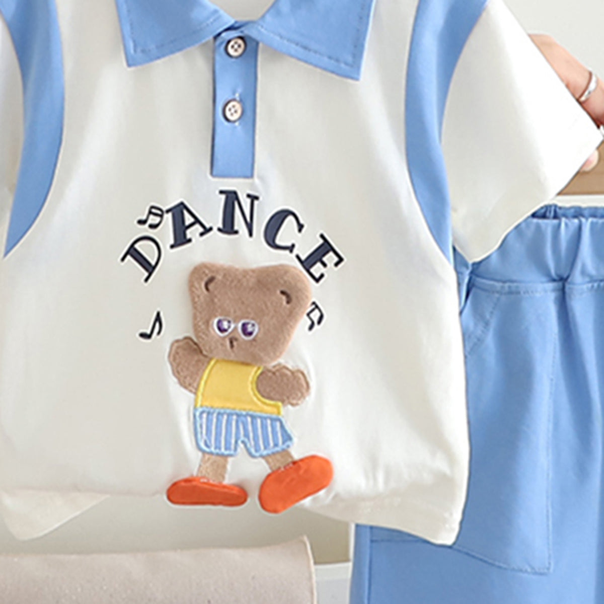 Boys Blue Teddy Patch Polo T-shirt With Shorts Set Sets