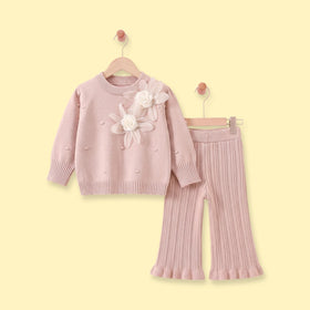 Girls Peach Flower Applique Knitted Sweater & Pants Sets Sets Peach 1-2 Y