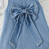 Girls Blue Bow Applique A-line Denim Dress Casual Dresses