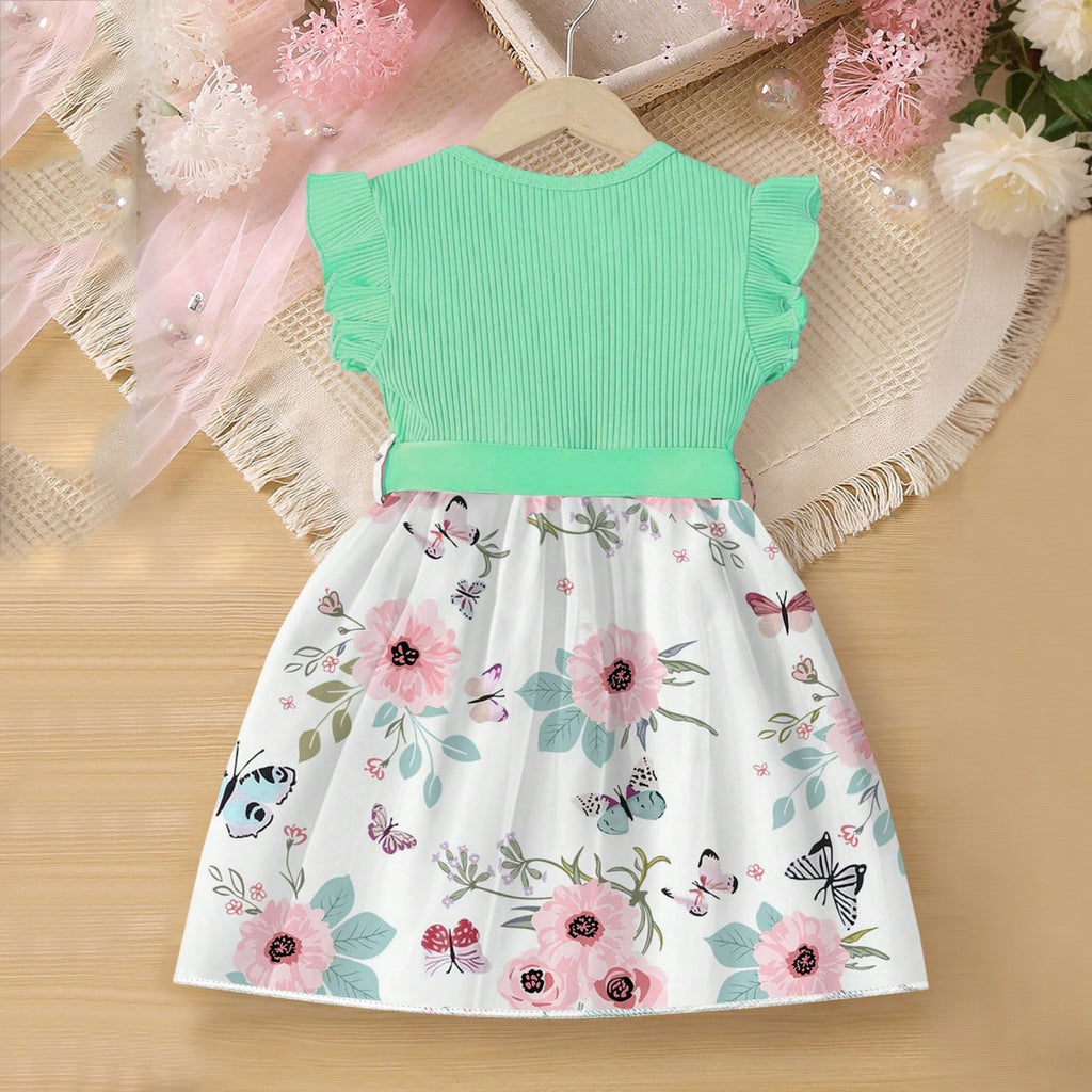 Girls Green Flared Sleeve Floral Printed Dress Casual Dresses