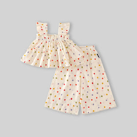 Girls Off-White Multicolour Polka Dot Printed Tiered Top With Pants Sets Sets