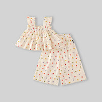Girls Off-White Multicolour Polka Dot Printed Tiered Top With Pants Sets Sets