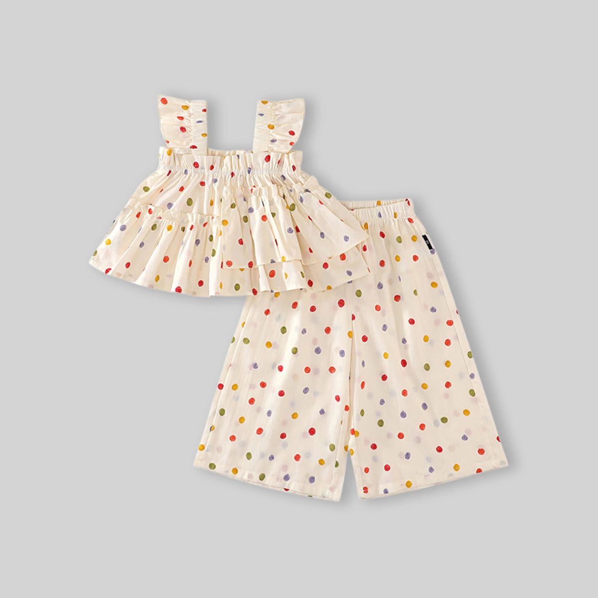 Girls Off-White Multicolour Polka Dot Printed Tiered Top With Pants Sets Sets