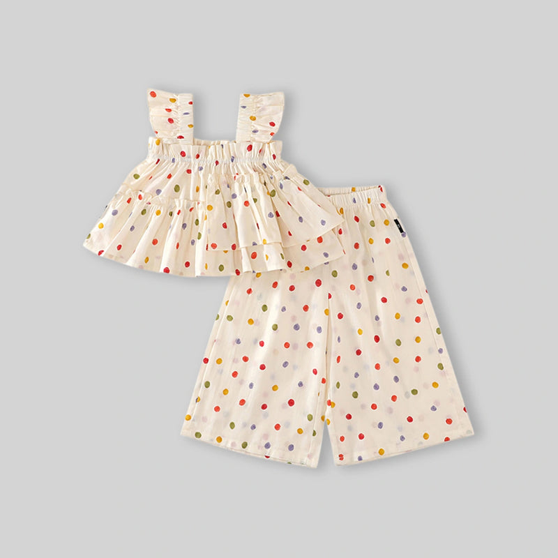 Girls Off-White Multicolour Polka Dot Printed Tiered Top With Pants Sets Sets