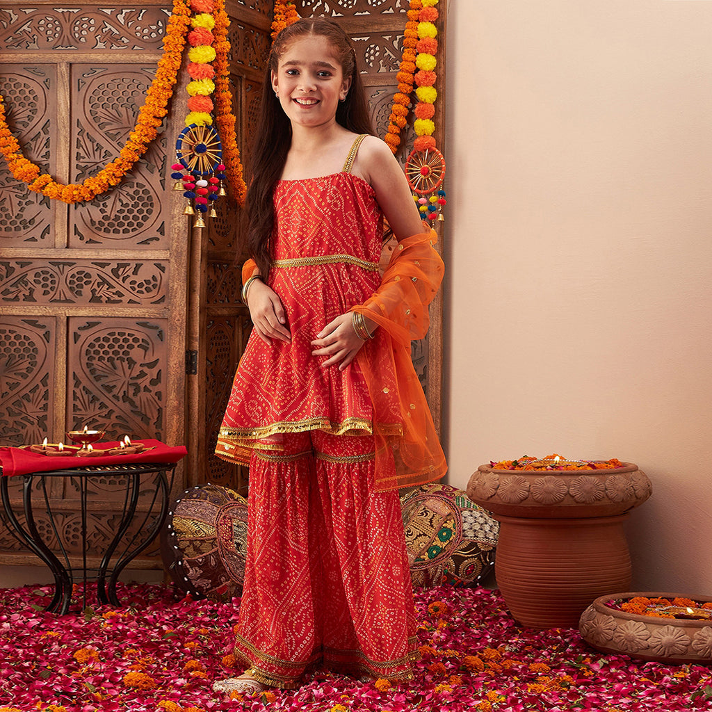 Girls Orange Bandhani Printed A-Line Kurta With Sharara And Dupatta Set Ethnicwear Girls