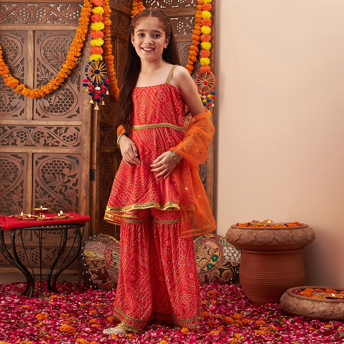 Girls Orange Bandhani Printed A-Line Kurta With Sharara And Dupatta Set Ethnicwear Girls