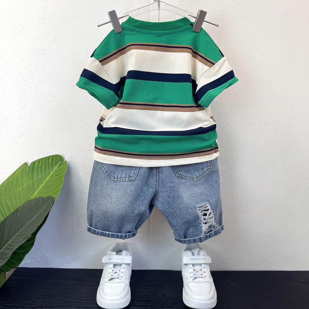 Boys Green Striped Short Sleeve T-Shirt With Denim Shorts Sets 2 pc. Sets