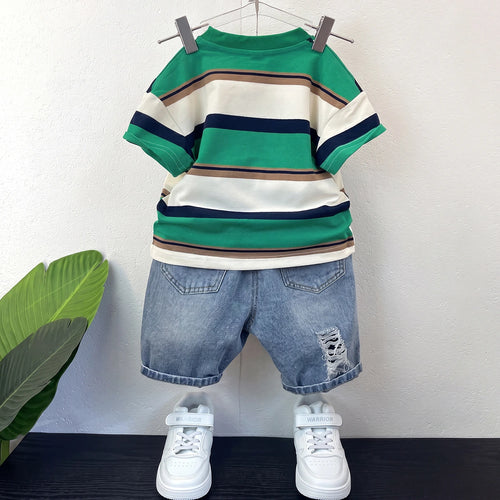 Boys Green Striped Short Sleeve T-Shirt With Denim Shorts Sets 2 pc. Sets