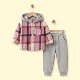Boys Pink Checked Hooded Shirt With Pants Sets 2 pc. Sets Pink 3-4 Y