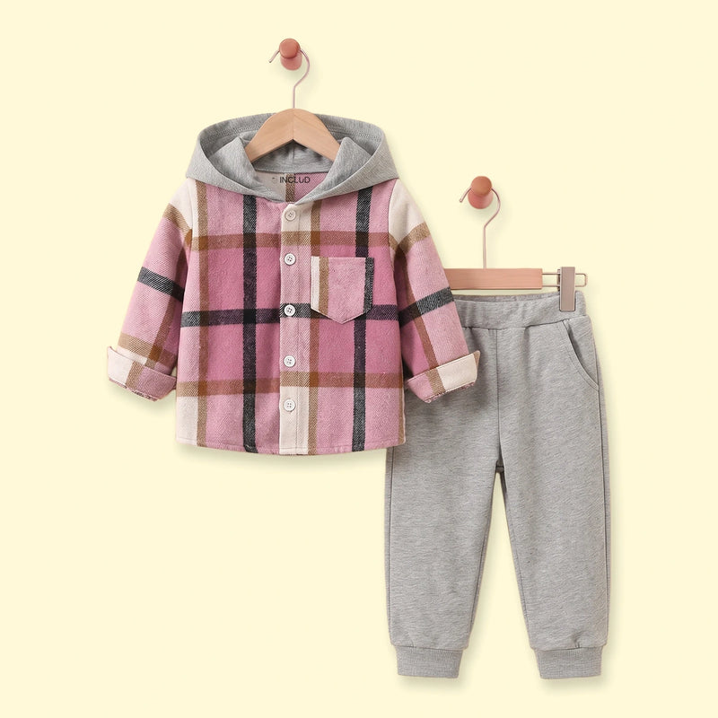 Boys Pink Checked Hooded Shirt With Pants Sets 2 pc. Sets Pink 3-4 Y