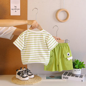 Boys Green Dinosaur Striped T-Shirt With Shorts Sets 2 pc. Sets