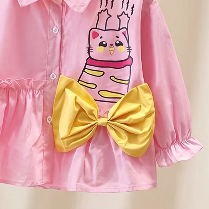 Girls Pink Cat Printed Peplum Shirt with Contrast Bow Shirts