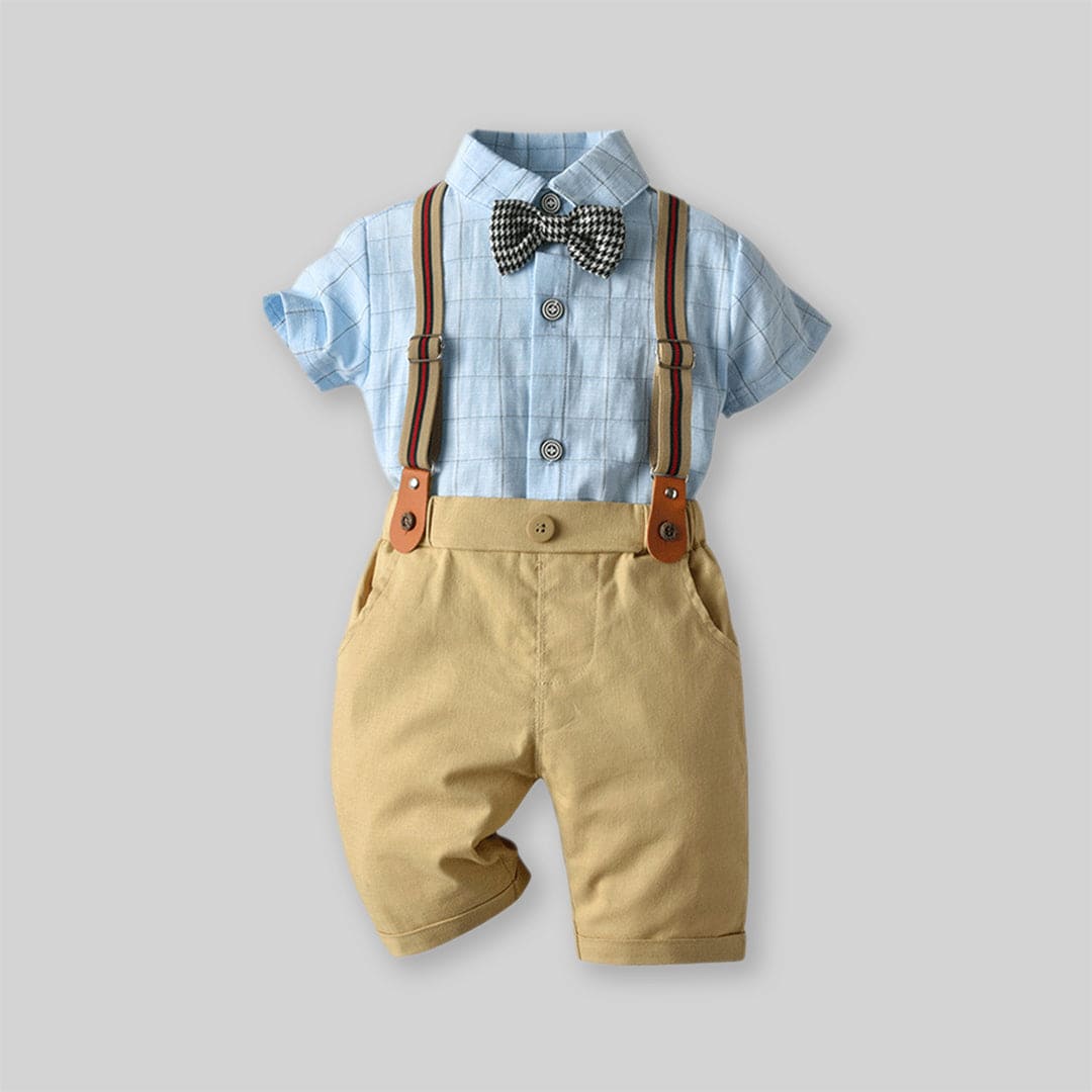 Boys Checkered Shirt With Suspender Shorts Set Sets   