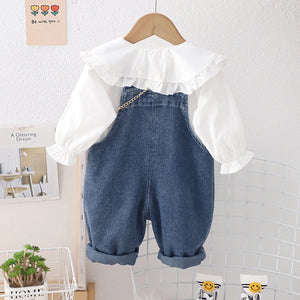 Girls White Peter Pan Collar Top With Denim Dungaree Sets 2 pc. Sets