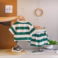 Boys Dark Green Rocket Fries Striped T-Shirt With Elasticated Shorts Sets 2 pc. Sets