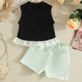 Girls Bow Applique Sleeveless Top With Green Shorts Set Sets