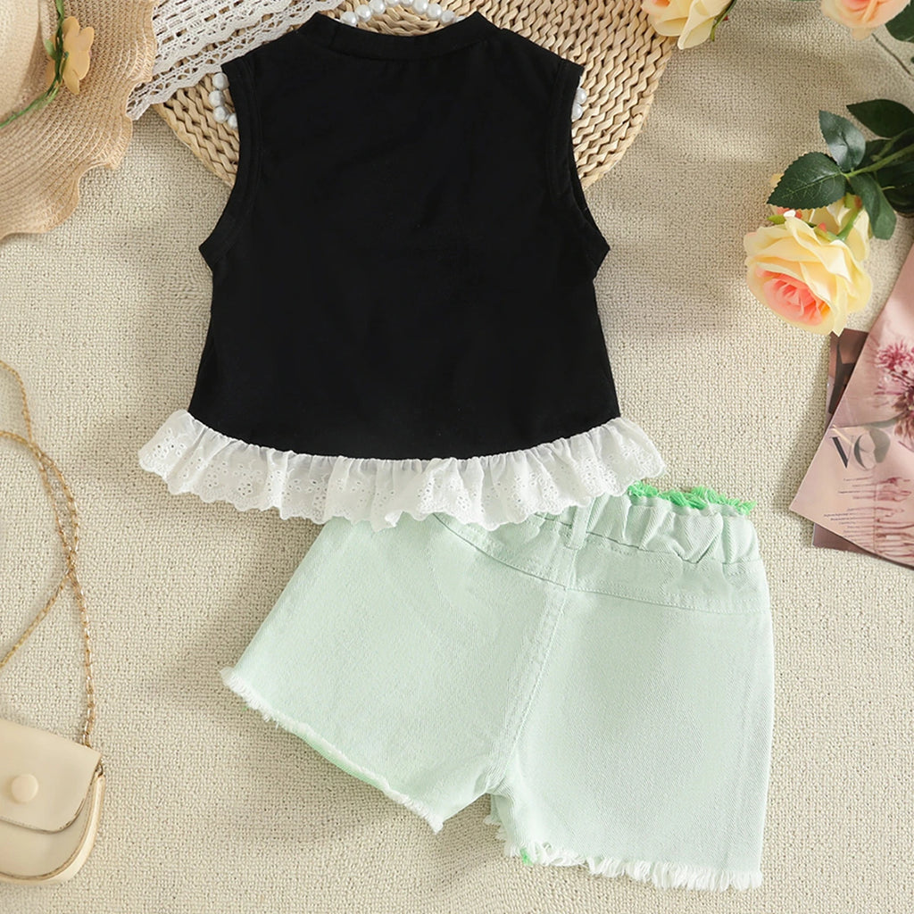 Girls Bow Applique Sleeveless Top With Green Shorts Set Sets