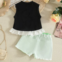 Girls Bow Applique Sleeveless Top With Green Shorts Set Sets