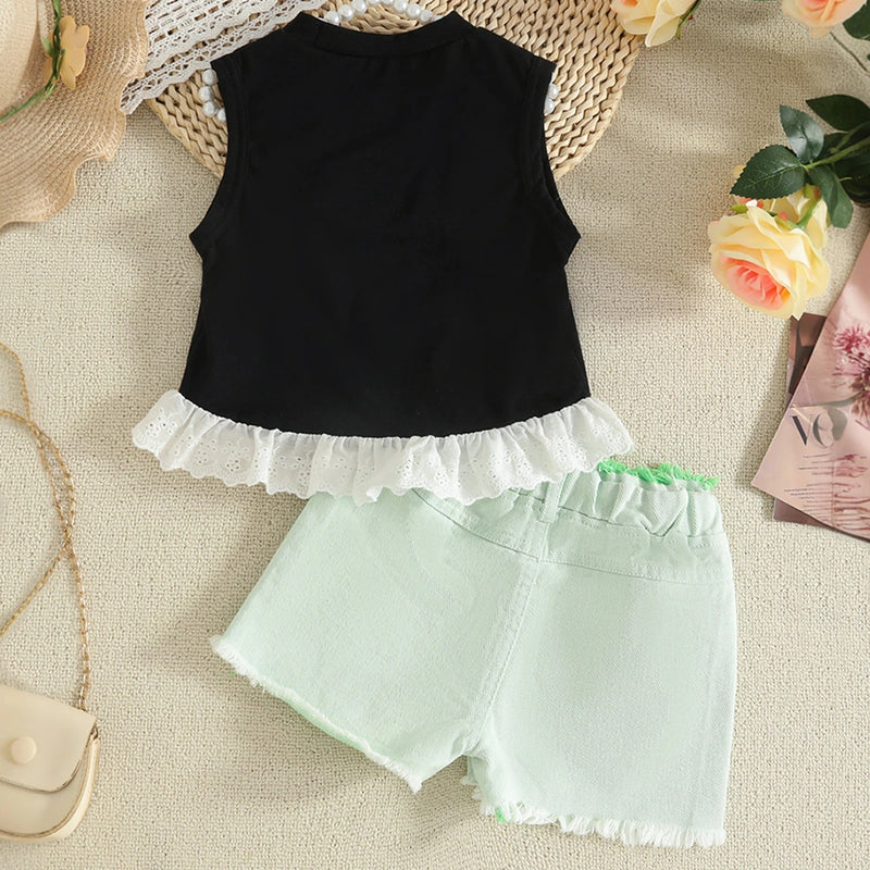 Girls Bow Applique Sleeveless Top With Green Shorts Set Sets