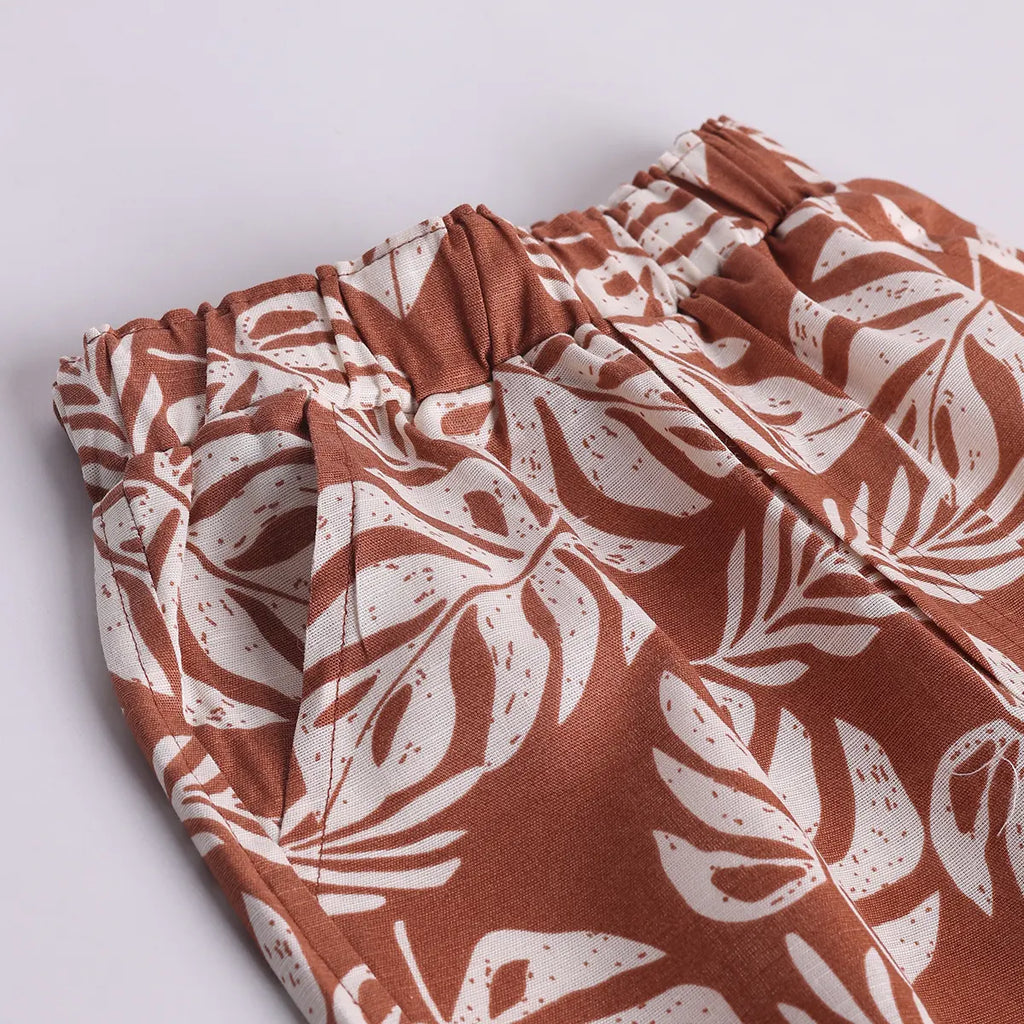 Boys Khaki Leaf Printed Short Sleeve Shirt With Elasticated Shorts Sets 2 pc. Sets