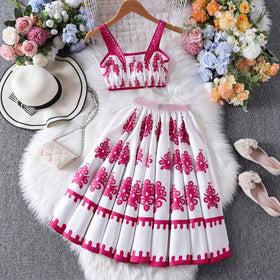Girls Pink Ethnic Print Sleeveless Top With Skirt Sets 2 pc. Sets