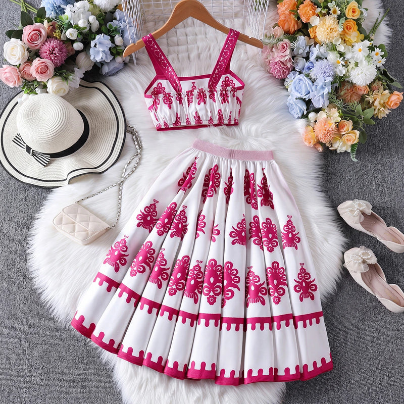Girls Pink Ethnic Print Sleeveless Top With Skirt Sets 2 pc. Sets
