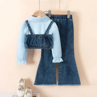 Girls Light Blue Collared Crop Top With Denim Sleeveless Vest & Flared Pants Set Sets