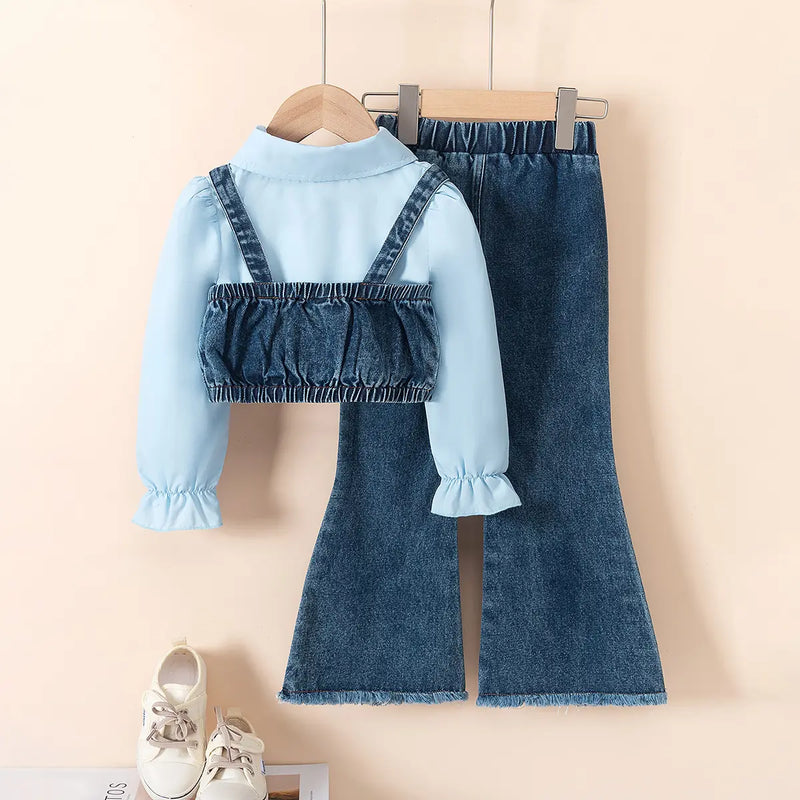 Girls Light Blue Collared Crop Top With Denim Sleeveless Vest & Flared Pants Set Sets