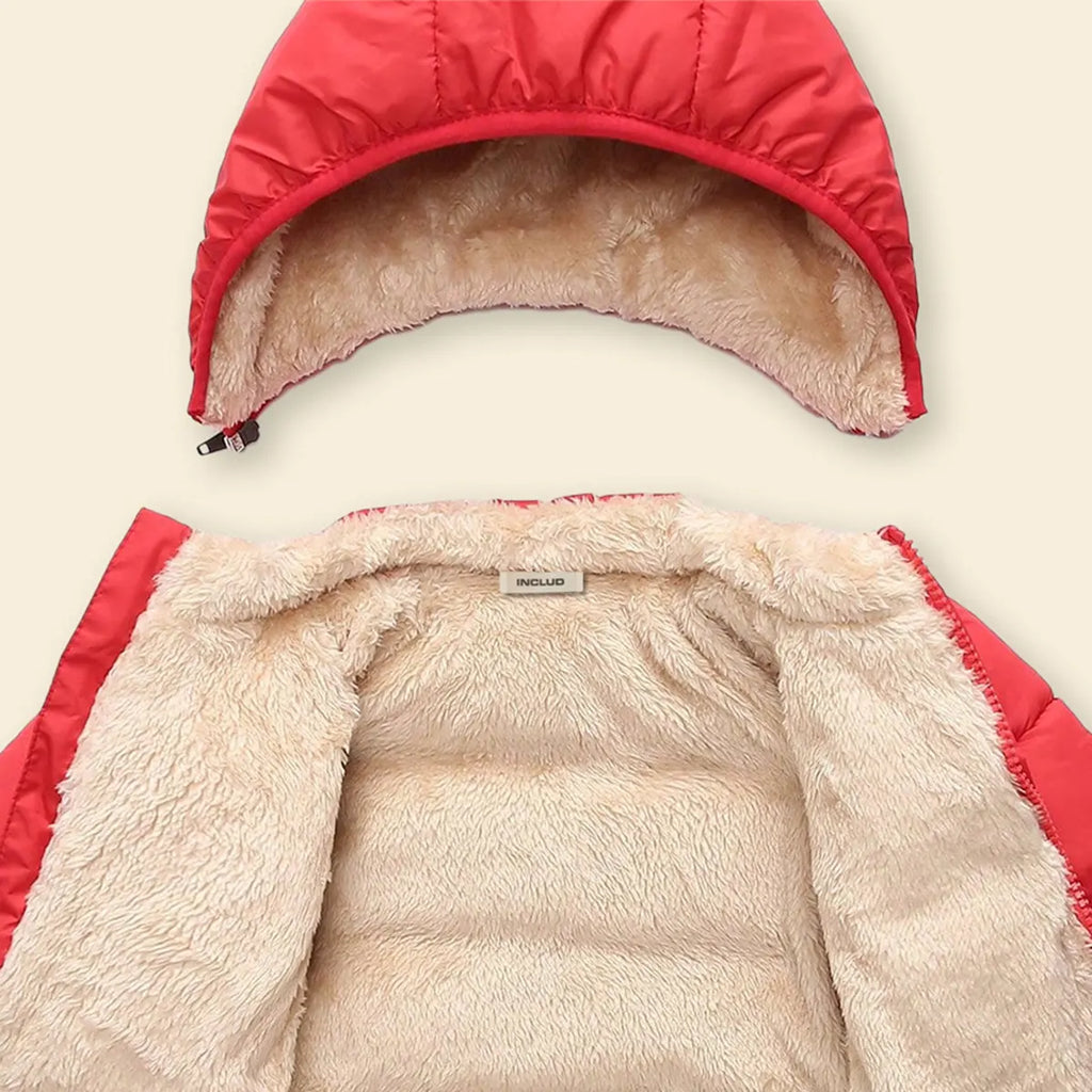 Boys Red Hooded Puffer Jacket With Sherpa Fleece Lining Coats & Jackets