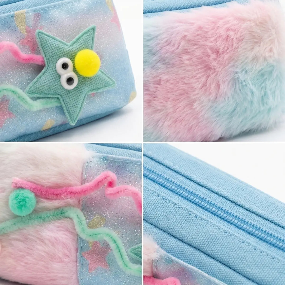 Girls Plush Fur Pencil Pouch with Star Design -Cute Zipper Pencil Case for School Trending Accessories