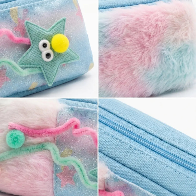 Girls Plush Fur Pencil Pouch with Star Design -Cute Zipper Pencil Case for School Trending Accessories