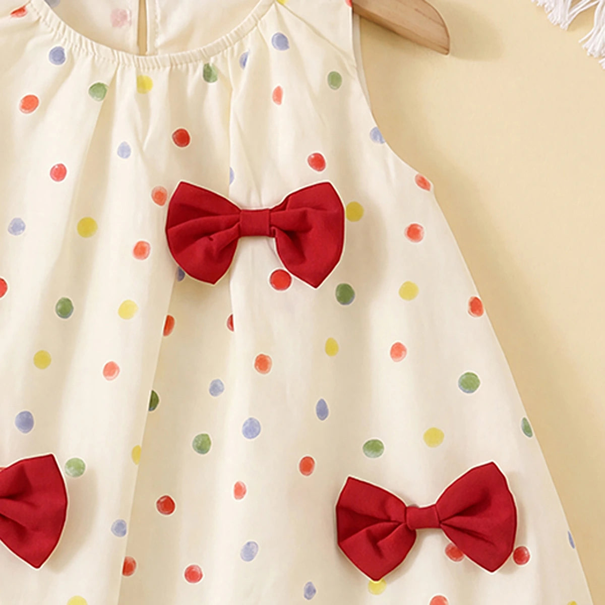 Girls Red Bow Applique Polka Dot Print Sleeveless A-Line Dress Casual Dresses